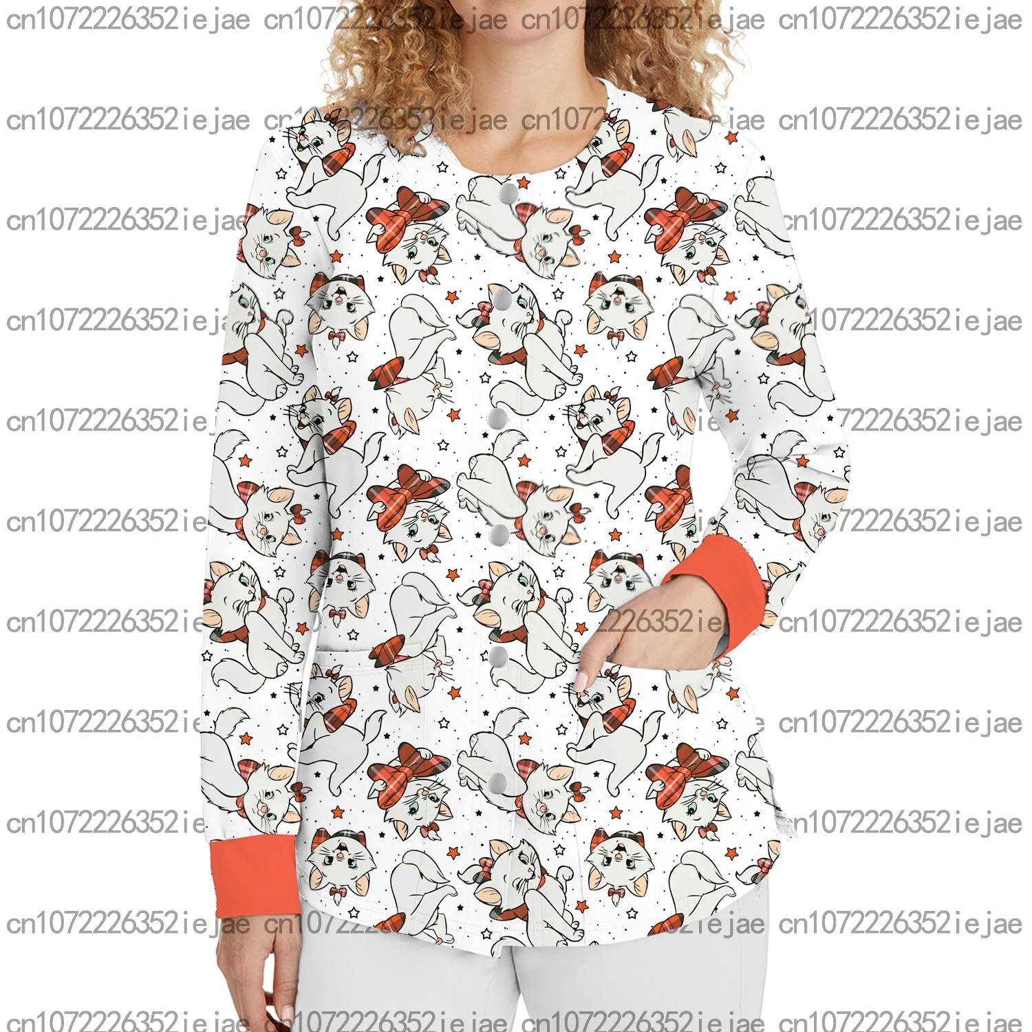 جديد طويل الأكمام جولة الرقبة قميص مطبوع ديزني ماري القط المرأة المفاجئة سترة جيب ركاب ملابس العمل ملابس التمريض