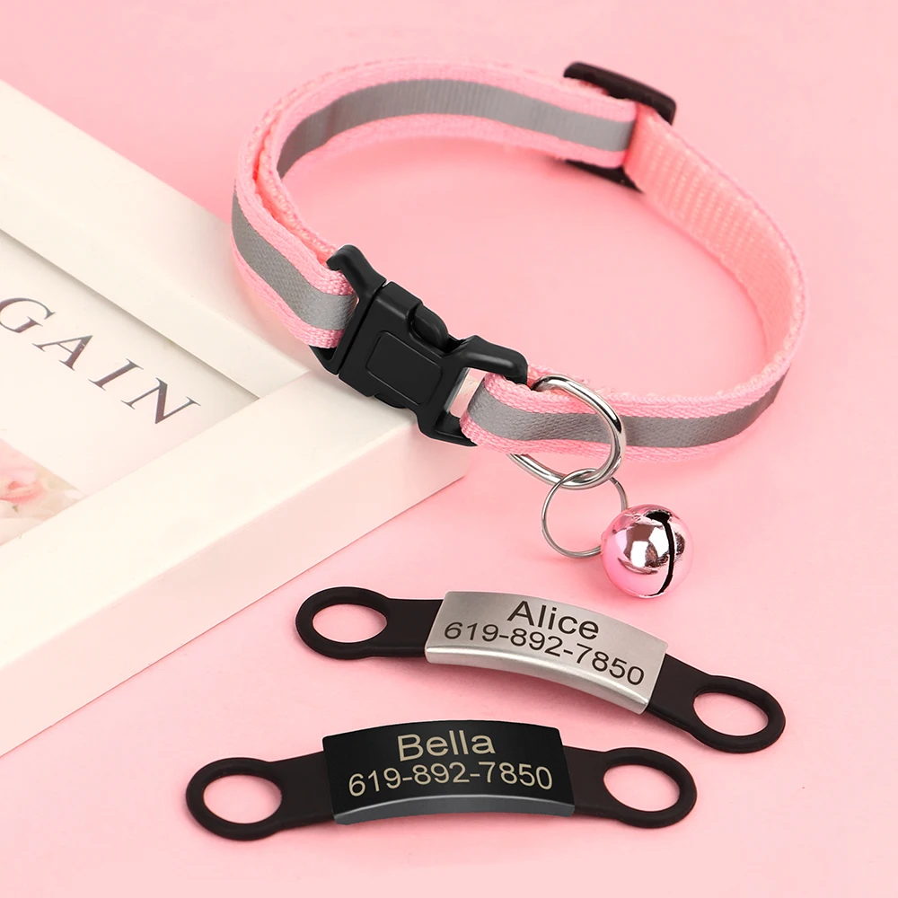 Reflective Cat Collar Engraved Safe Cats Kitten Collars with Bell Puppy Pet Necklace Accessories for Cat Small Dog Chihuahua