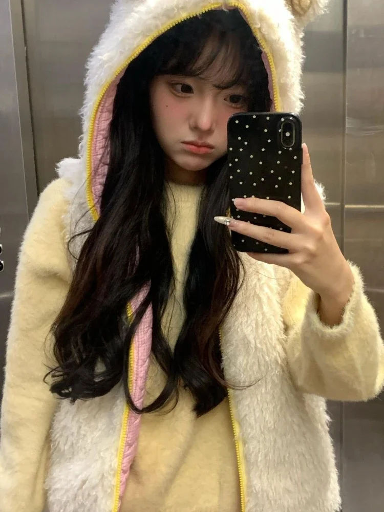 Y2k Estético Casual Casacos Sem Mangas Harajuku Mulheres Zíper ​ ​ Casaco de lã de cordeiro com orelhas de urso fofas jaqueta colete com capuz