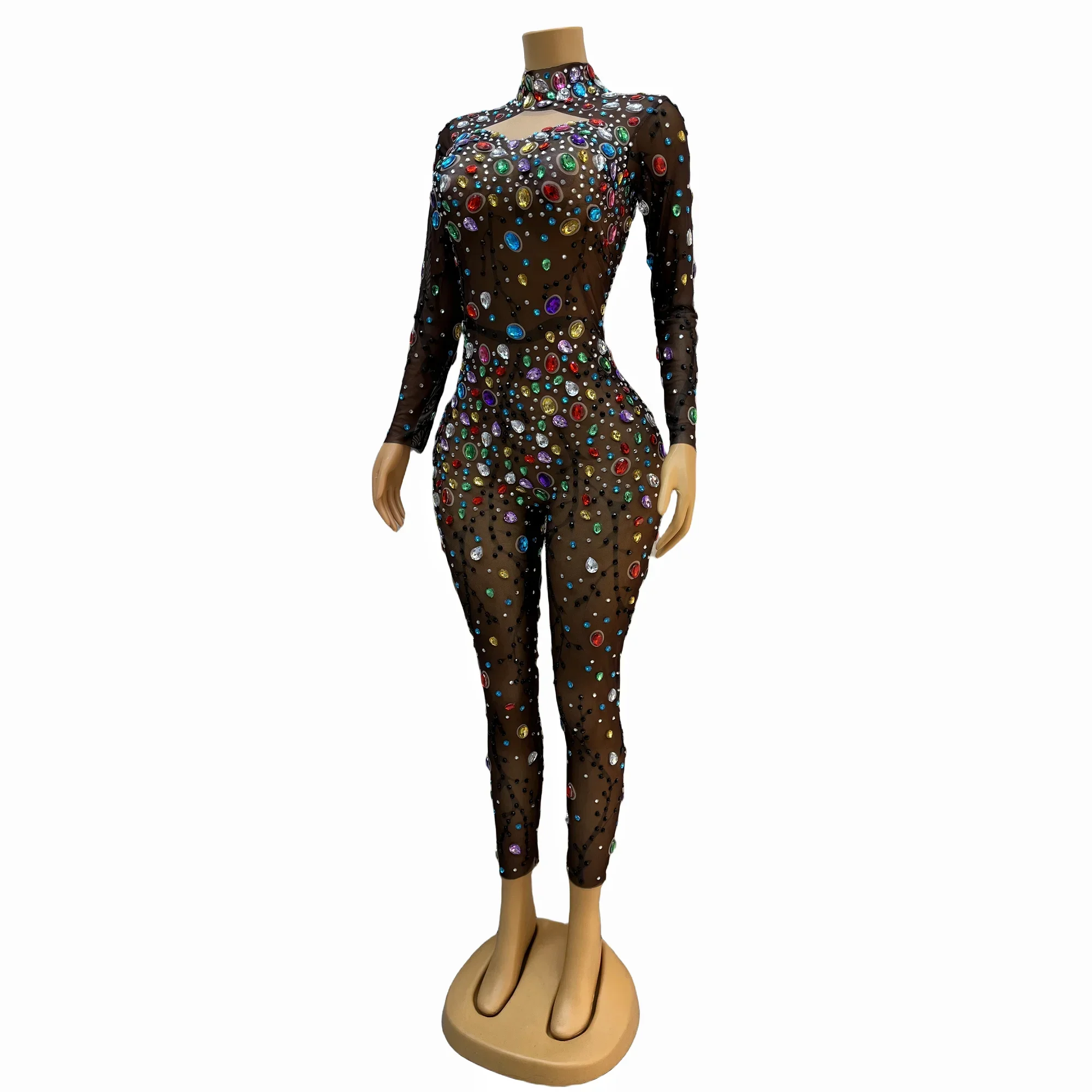 Colorful Big Rhinestones Brown Mesh Bodysuit Evening Birthday Celebrate Sexy Jumpsuit Outfit Dance Performance Costume heiman