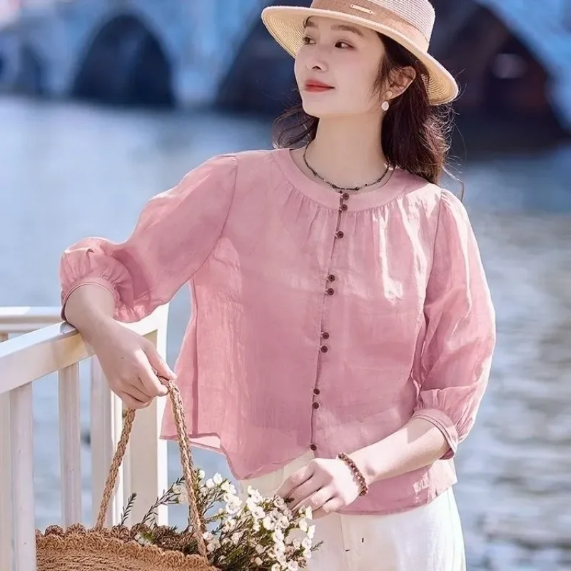 

Women Cotton 3/4 Sleeve Blouse Casual Loose Round Neck Solid Color Button Down Top