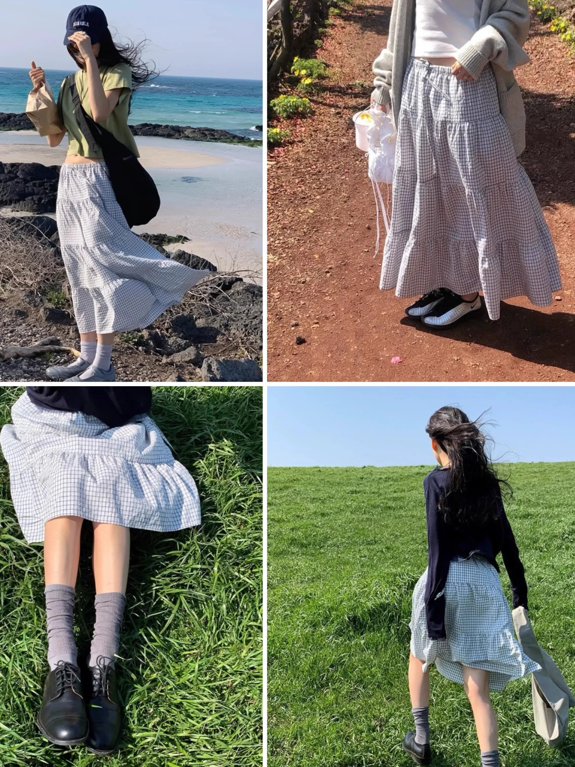 

Chic Plaid Skirt High Waist A-Line Midi Dress Casual Cotton Blend Fabric Belted Layers Girl's Fashion Bloggers Favorite