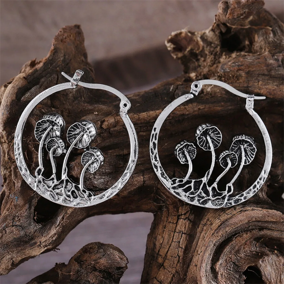 Retro Mushroom Shaped Hollow Ring Earrings For Women Men Personalized Silver Color Metal Party Daily Jewelry