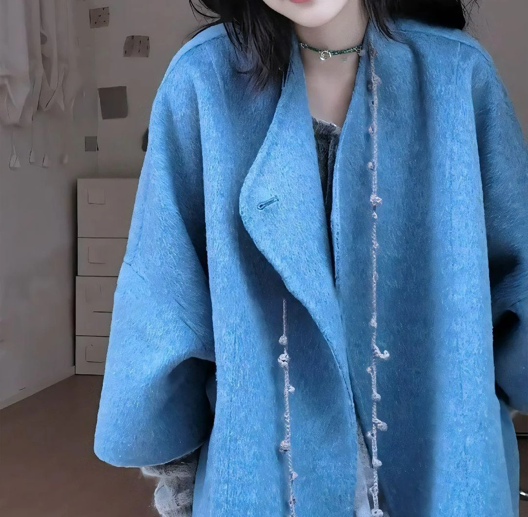 Autumn and Winter Double-sided Woolen Coat Women's New Temperament High Sense Loose Blue Thin Woolen Coat