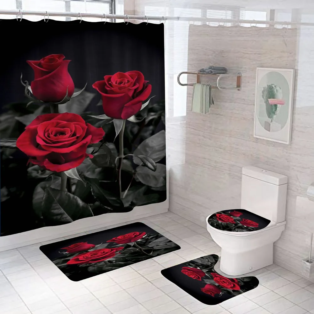 Vintage Colorful Rainbow Rose Shower Curtain Sets Flower Floral Art Bathroom Decor Curtains Non-slip Rug Bath Mats Toilet Cover