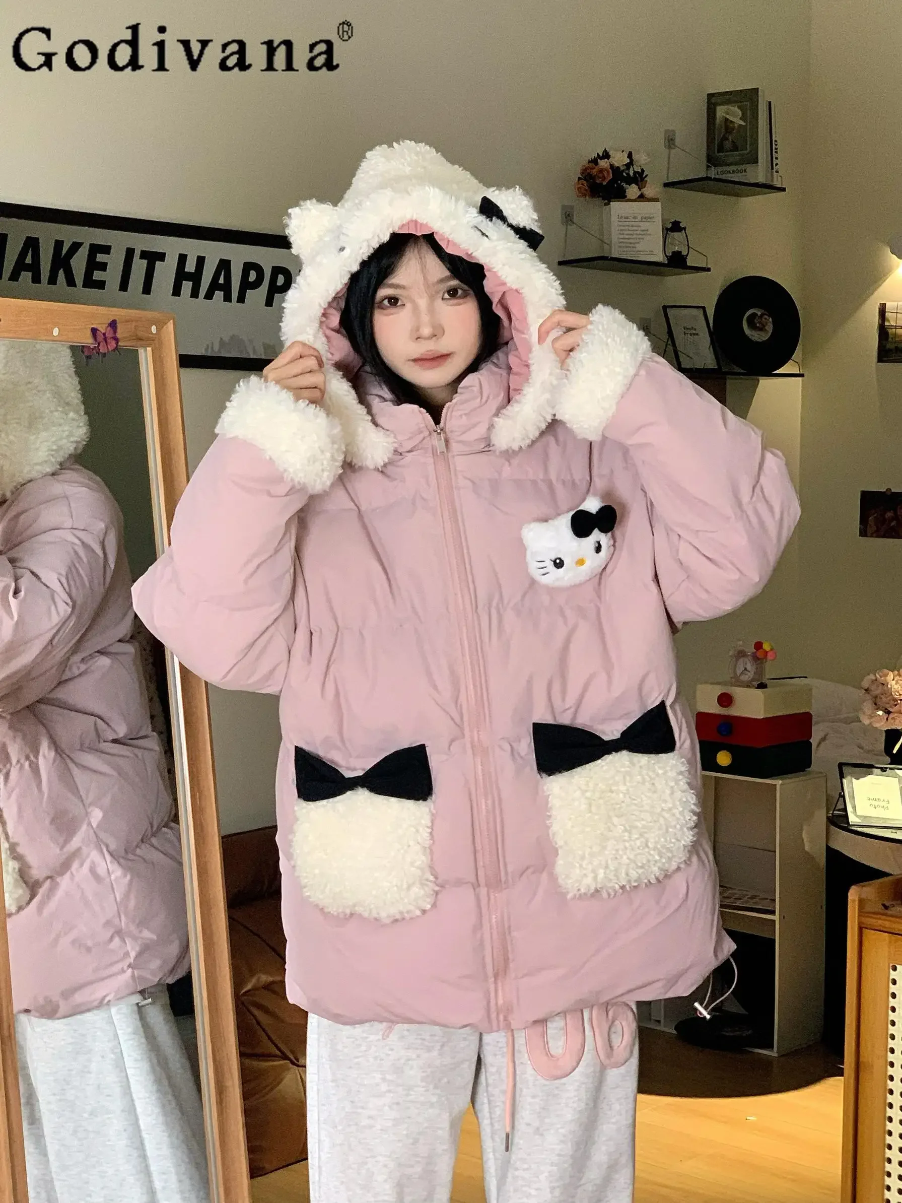 

College Style Sweet Parkas Lamb Wool Splicing Warm Thickened Hooded Cotton Padded Coats for Women Cartoon Down Cotton Winter