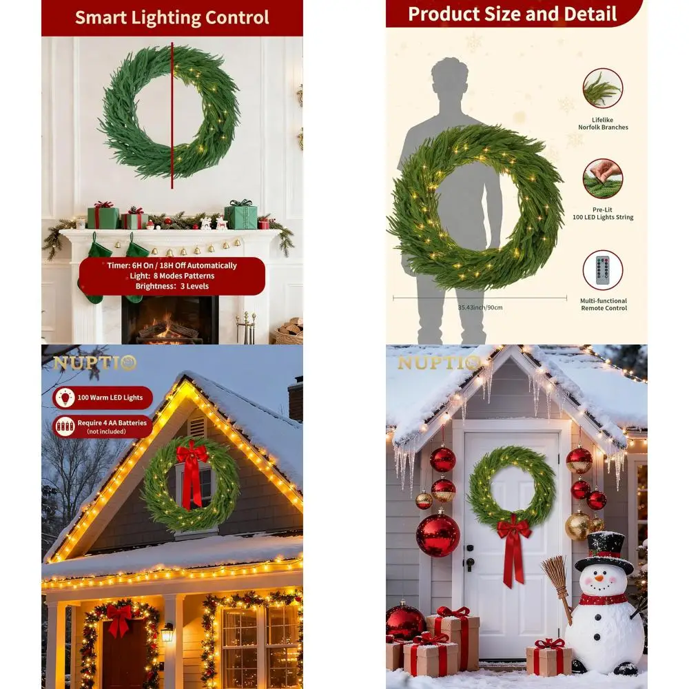 

36 Pre-lit 100 LED Norfolk Pine Wreath with 8 Modes & Remote, Ideal for Outdoor Christmas Decor