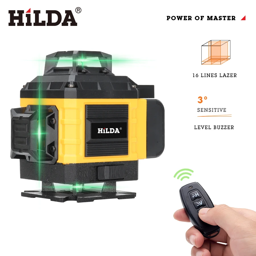 HILDA 4D16 Линии Лазерные Горизонтальные Вертикальные Зеленые 360° °   Самовыравнивающийся для строительства магнитного кронштейна и пульта дистанционного управления ﻿