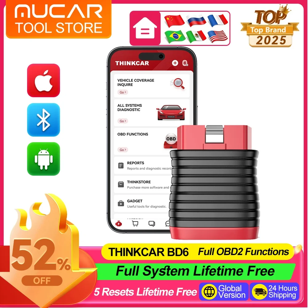 Thinkcar BD6 OBD2 Scanner Full System Diagnostic Tools Oil/Brake/IMMO Key/ETS/ABS 5 Resets Car Code Reader Mucar Car Scan Tool