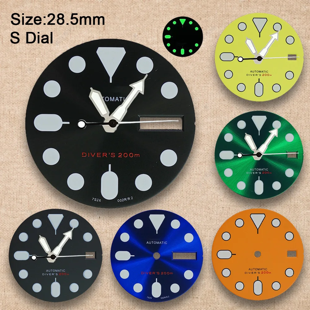 High-Quality 28.5mm S Logo SKX007 Dial Fit NH36 Movement Green Luminous Matte/Sunray Dial Watch Modification Accessories