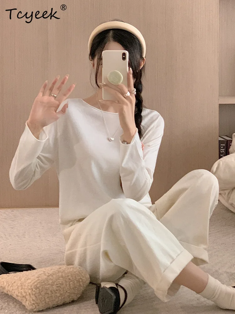 

Tcyeek, Cashmere Wool Silk Elegant Sweaters, Women O Neck Casual Fashion, Loose Knit Bottom Tops, 2024 Autumn Winter T47007QM