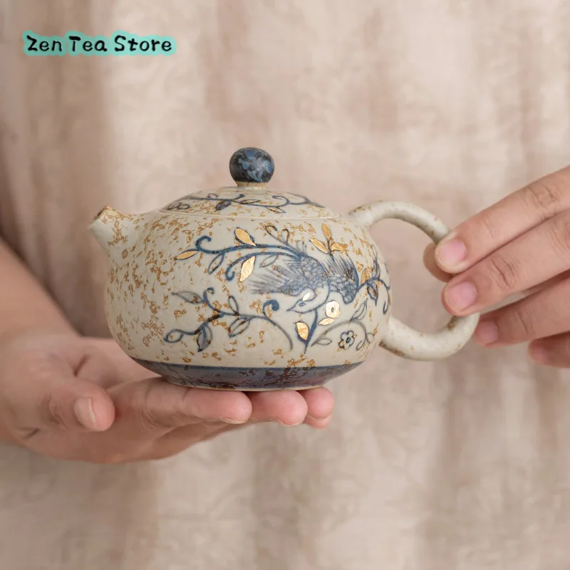 Blue And White Hand-painted Ceramic Tea Set Teapot Teapot Teapot Kung Fu Home Retro New Chinese Rough Pottery Pot Gift Box