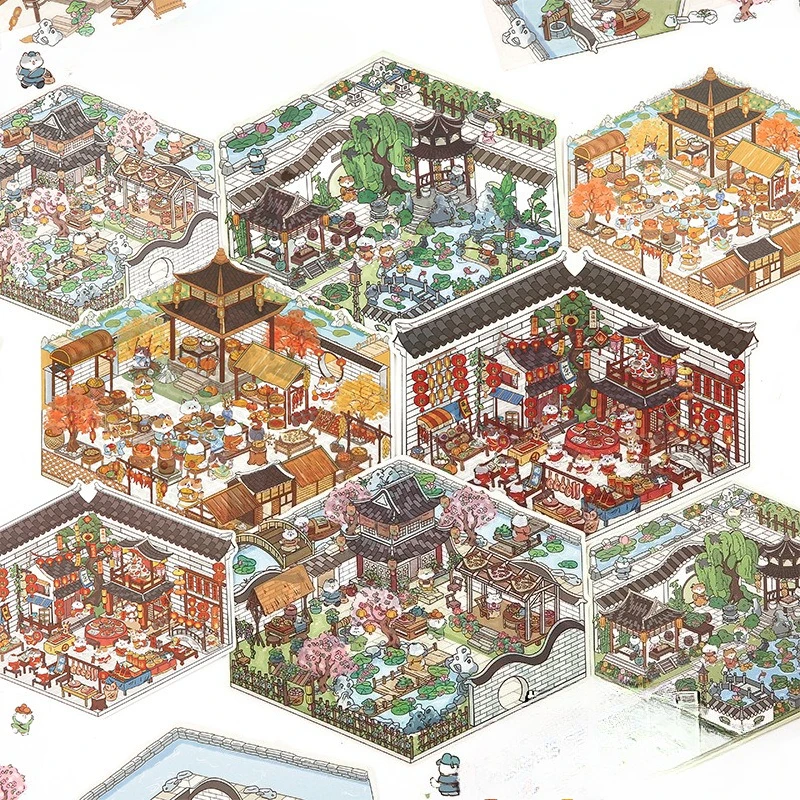 3 Sheets Simulation Game Diorama Stickers, Chinese New Year Theme, Immersive Relaxing 3D Scene, Anti Stress Craft