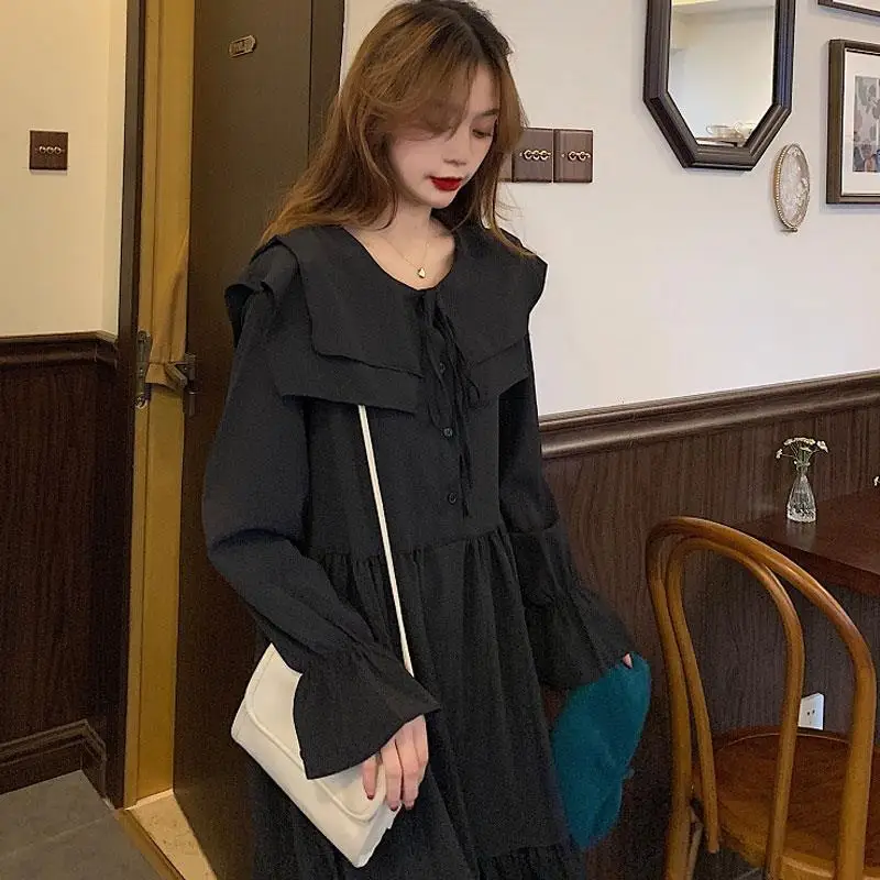 Large French Style Doll Collar Temperament Concealing Flesh and Slimming Long Skirt Women's Western-style Double-layer Collar