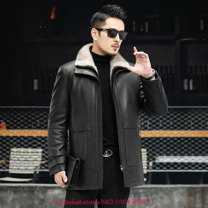 

Shearling Fur Leather Genuine Leather Jacket Men sheepskin coat middle length Leather mens Coat buessine hooded Jacket