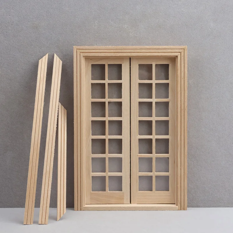 1:12 Dollhouse DIY Unpainted Double Door, 28-Grid Minimalist Window Door Model, Miniature Room Scene Building Material