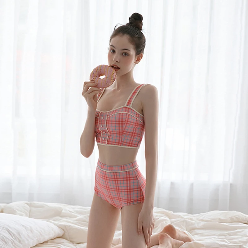 Vintage Plaid Print Women's Bikini British Style Fashion Cute Pink Lolita Split High Waist Slimming Swimsuit