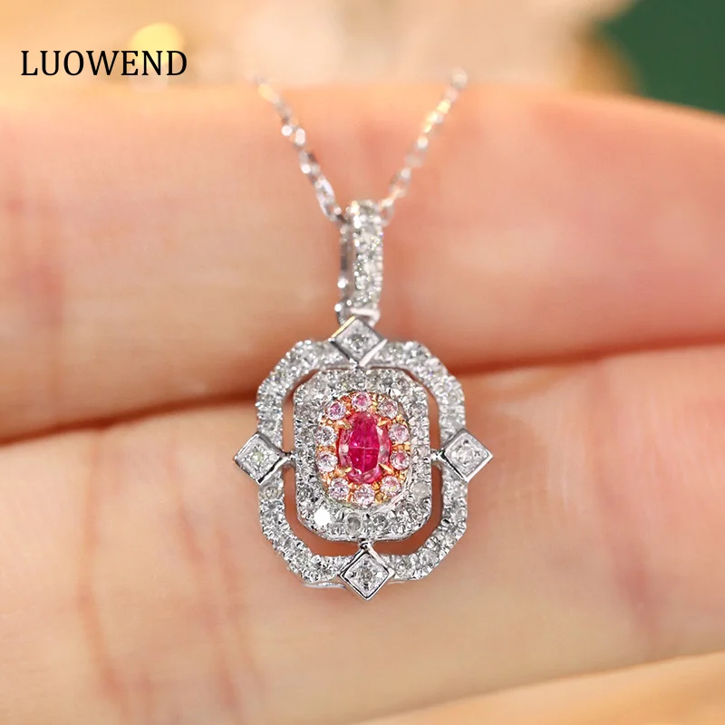 

LUOWEND 18K White Gold Necklace Fashion INS Style Real Natural Pink Diamond Pendant Necklace for Women High Anniversary Gift