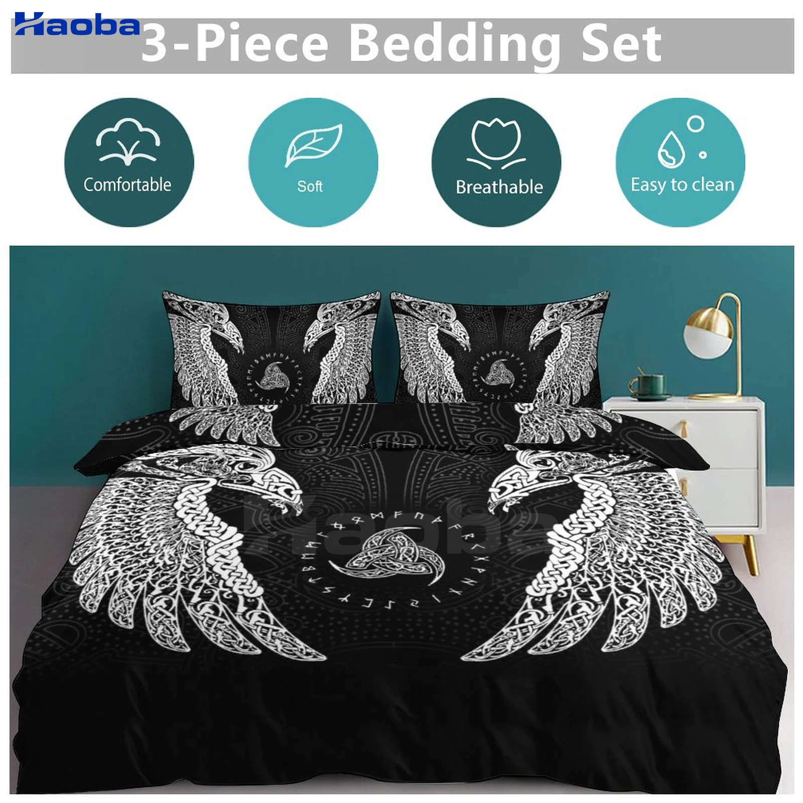 VIKING Ravens Norse Three Piece Bedding Set Children or Adults for Beds Quilt Covers Birthday Gifts for Women Men