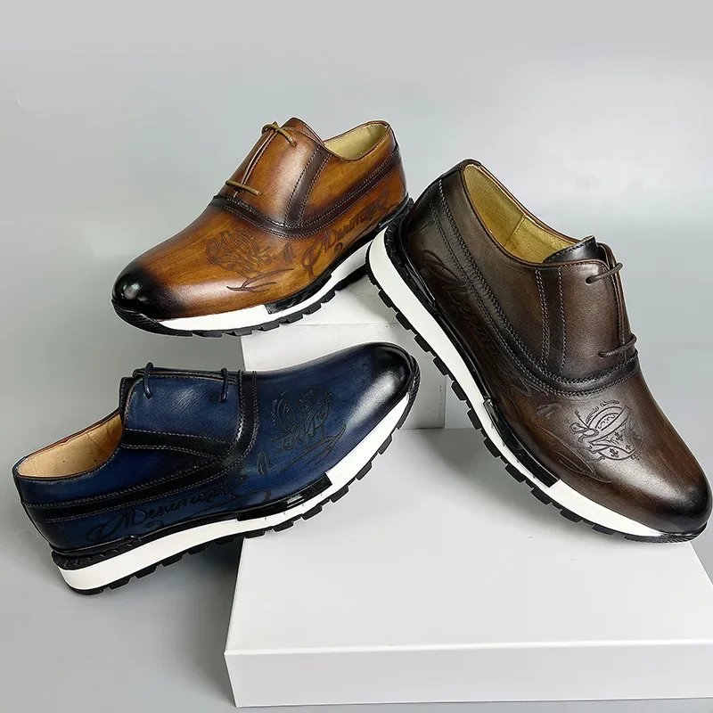 CLAIAMI Retro Koe Lederen Luxe Mannen Schoenen Casual Sport Lace-up Zakelijke Schoenen voor Mannen Designer Mannen Sneakers Zapatos de Hombre