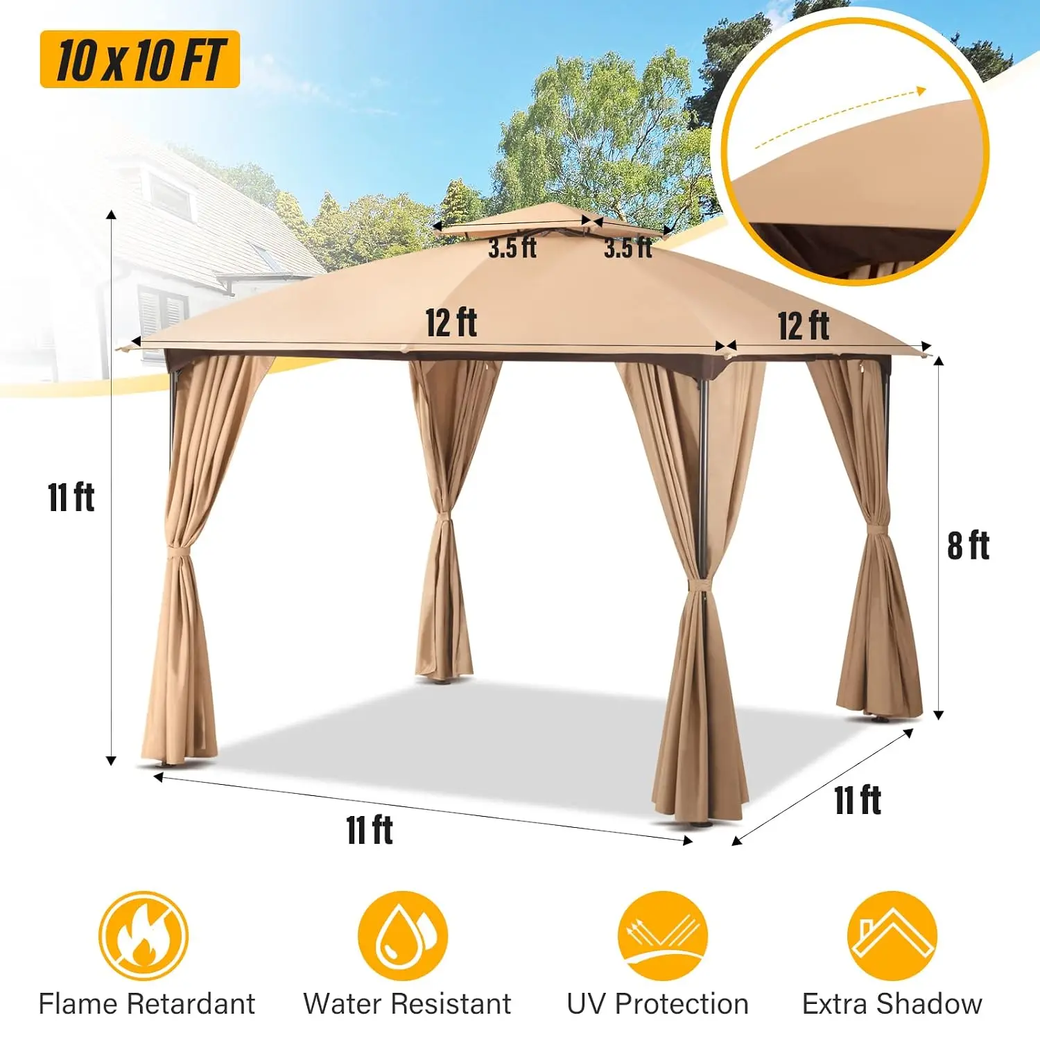 10'x10' Arc Gazebo with String Lights, Outdoor Canopy Tent with Curved Roof, Double Tier, Curtains & Wind Ropes, Customized