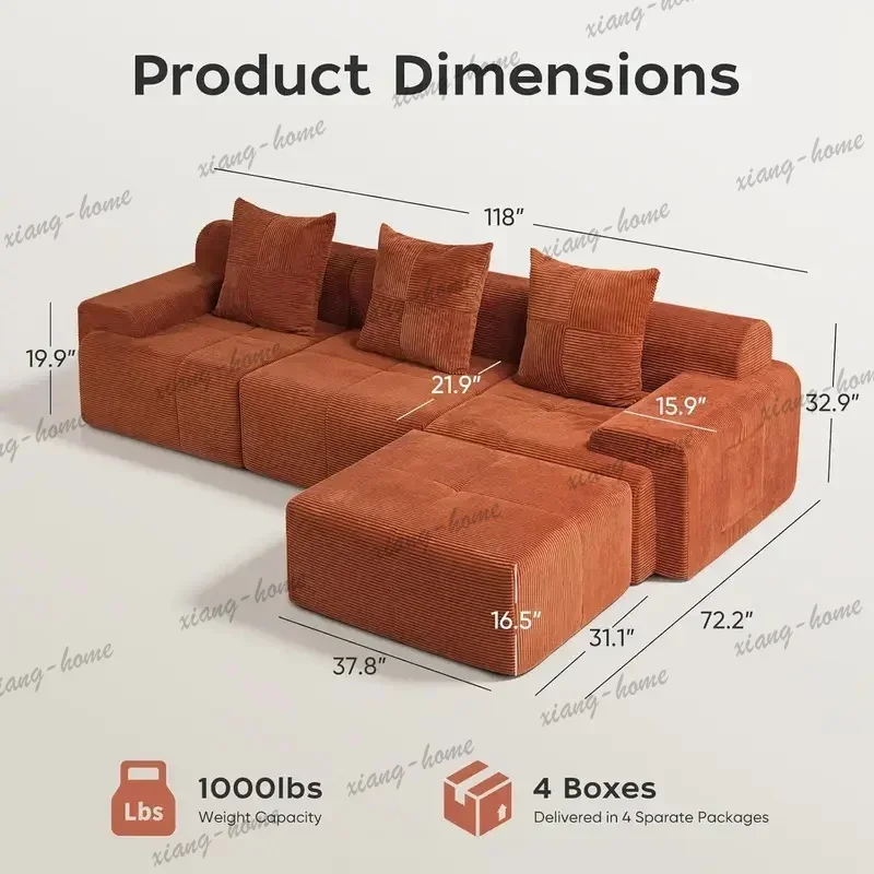 FG Premium Curved L‑Shape Corduroy Modular Sofa, Oversize Boneless Cloud Sectional, Customizable