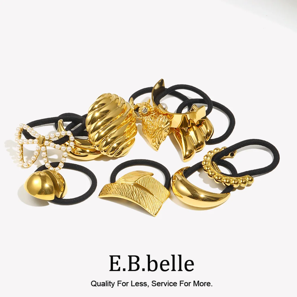 E.B.belle Waterproof Tarnish Free Stainless Steel Hair Band Collection 18K Gold Plated Geometric Heart Bow Charm  Scrunchies