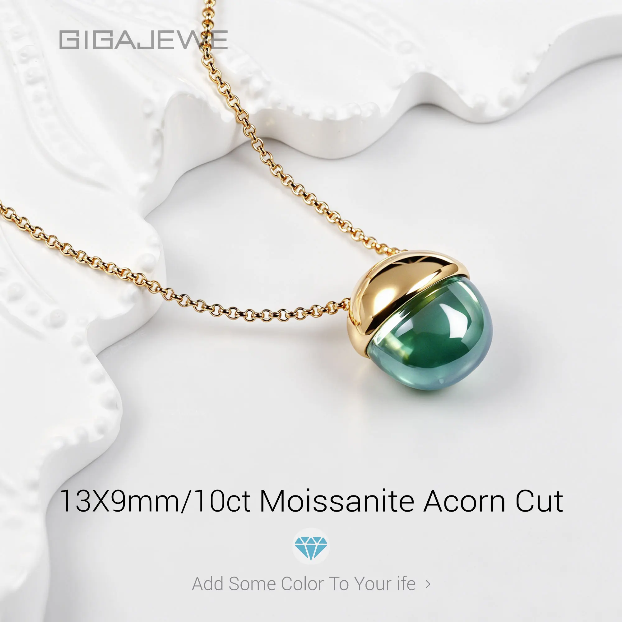 GIGAJEWE Genuine 10ct Blue Moissanite Acorn Pendant 925 Sterling Silver Necklace Acorn Cut Moissanite Charm Birthday Gift