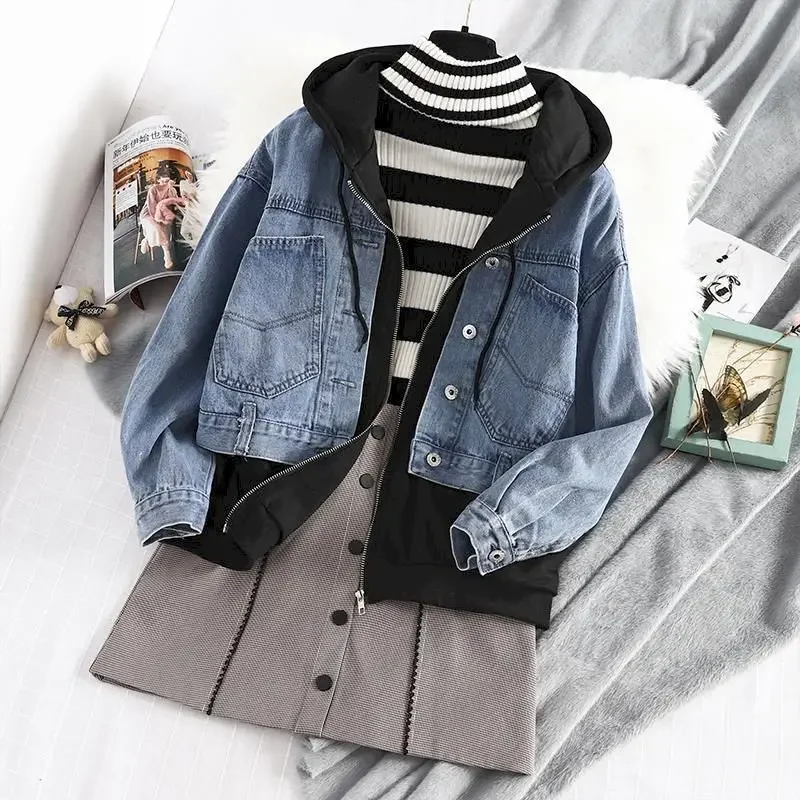 Patchwork Fake Two-piece Hoodies Women Spring Autumn Trend Hooded Denim Jacket Fashion Fried Street Loose Zip Up Cardigan Hoodie
