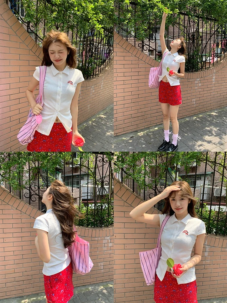 

NIDEBLACK Korean Style Sweet Girl Embroidered Letter Short Sleeve Slim Fit Base Layer Shirt Cotton Polyester Nylon Blend