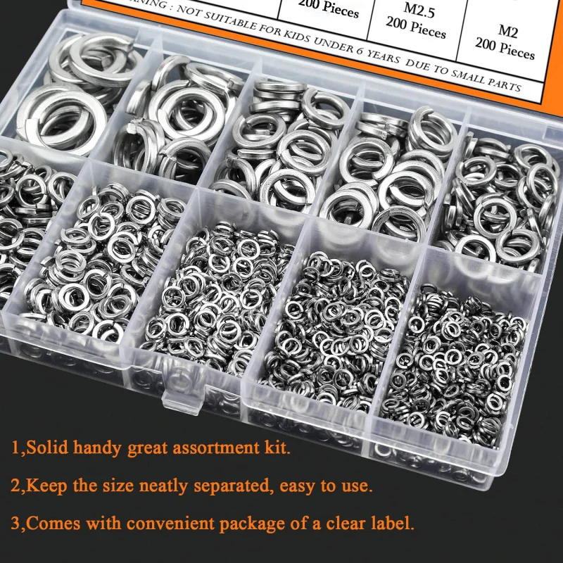 1000 Uds M2 M2.5 M3 M4 M5 M6 M8 M10 M12 304 Kit de arandela de bloqueo de resorte de acero inoxidable, arandelas divididas métricas para tornillos surtido de pernos