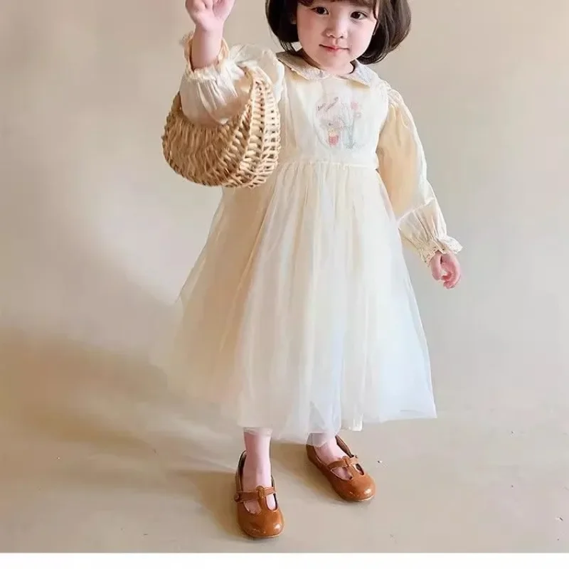 HoneyCherry Girls Dress Autumn New Doll Collar Embroidery Sweet Mesh Dress Cute Princess Dresses Flower Girl Dresses