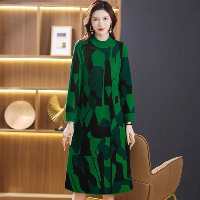 

Женское трикотажное платье средней длины, свободное трикотажное платье с высоким воротником и принтом, A837, Осень-зима 2024