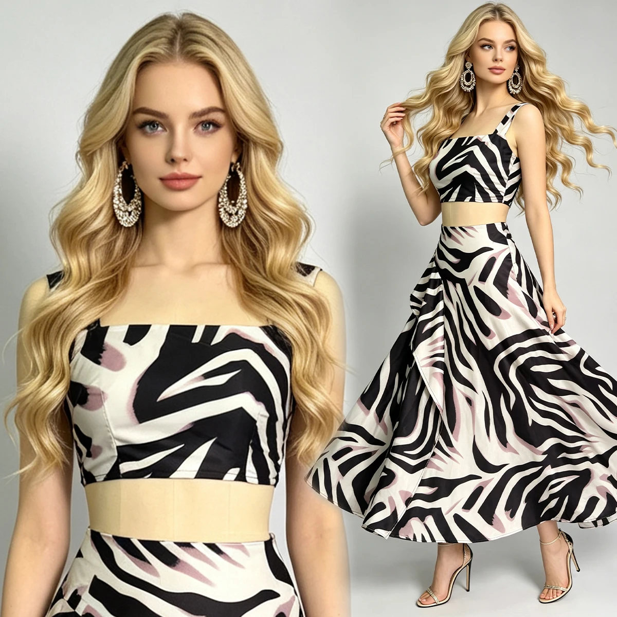 Elegant Zebra Stripe Ruffle Long Skirt Set Women's Sleeveless Sling Crop Top A-Line Skirts Summer Holiday Outfit 2026