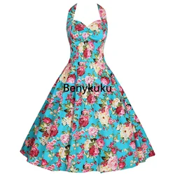Sexy Halter Party Dress Retro Floral Print Hepburn Vintage 50s 60s Pin Up Rockabilly Dress Robe Cotton Plus Size Women Clothing