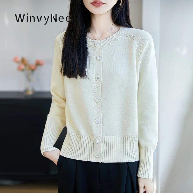 WinvyNee Women Knitted Cardigan Single Breasted Ribbed Hem Cuffs 100% Cotton Round Neck Raglan Sleeve Soft Knit Simple ZB1892038