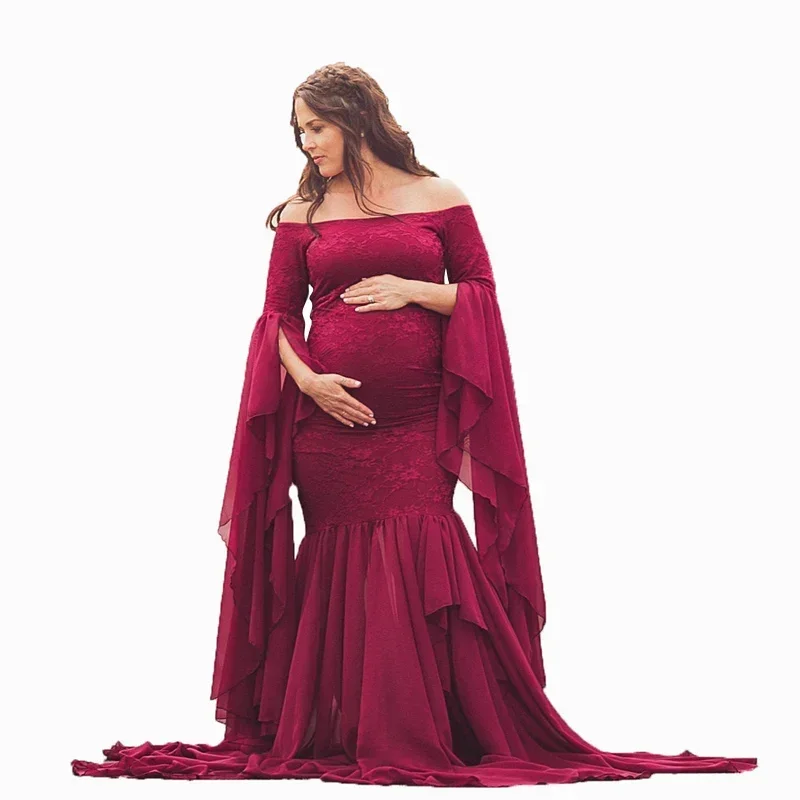 Sexy O neck Pregnancy Dresses Split Front Maternity Shoot Dress Photography Long Pregnant Women Maxi Maternity Gown Photo Props