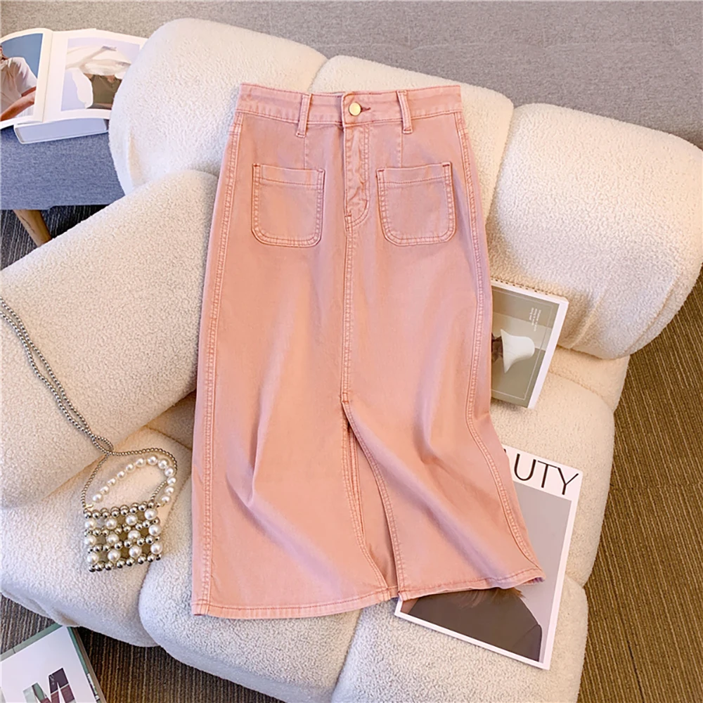 

Pink Denim Split Skirt for Women Summer Fashion High Waist Slim Mid-Long Skirts 2024 New Lady A-line Jean Slit Skirts Streetwear