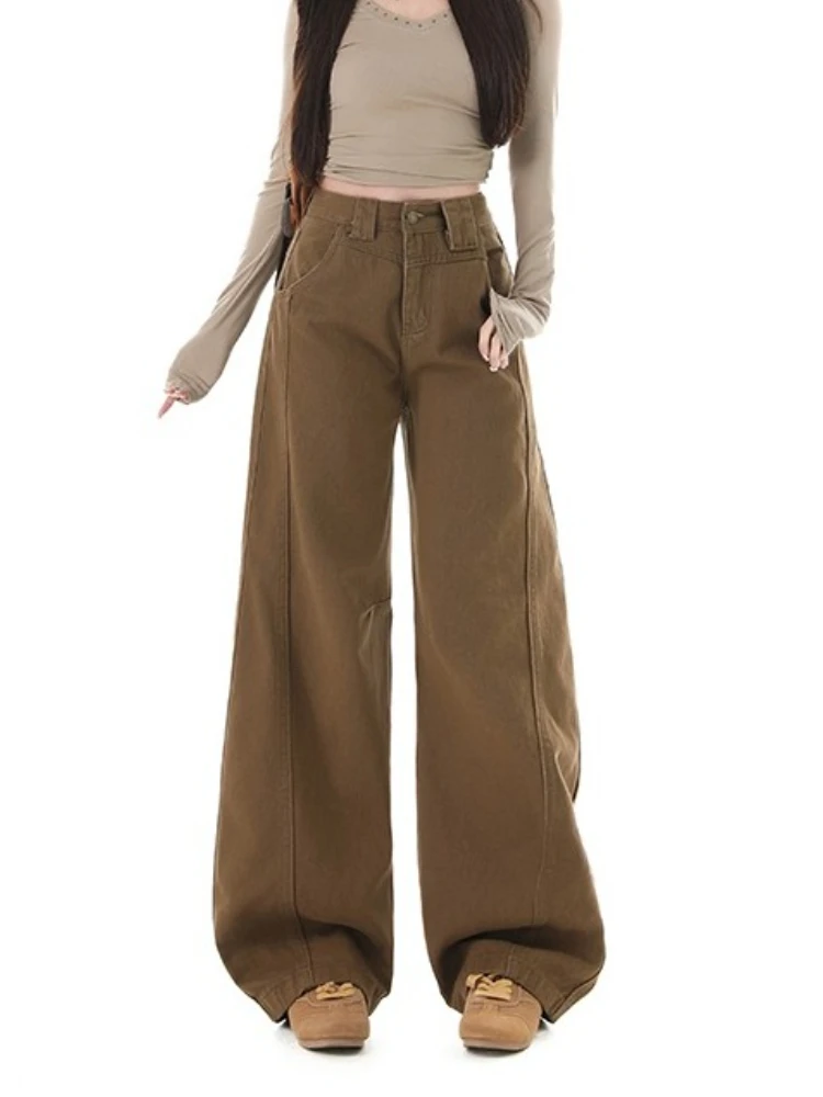 الخريف خمر واسعة الساق البني المرأة الجينز النساء عالية الخصر فضفاض الدنيم السراويل الكورية مستقيم المنشعب فضفاض بناطيل كاجوال