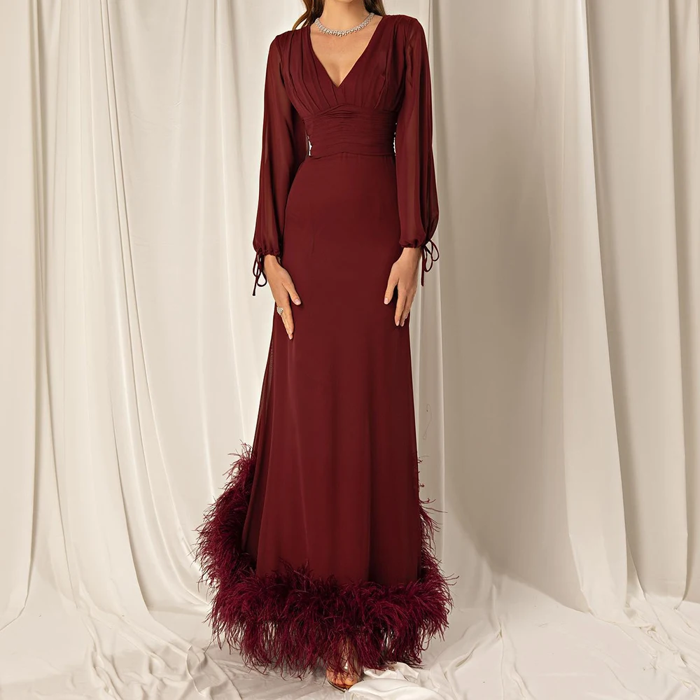 Customized Delicate Jersey A-Line Feathers Evening Dress V-Neck Floor Length Long Sleeves Photo Color Vestidos para mujer