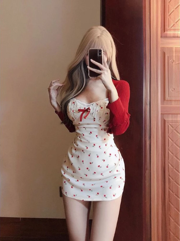 Korean 2 Piece Dress Sets Women Casual Knitted Short Cardigan + Outwear Elegant Sweet Floral Strap Mini Dress Chic 2024 Spring