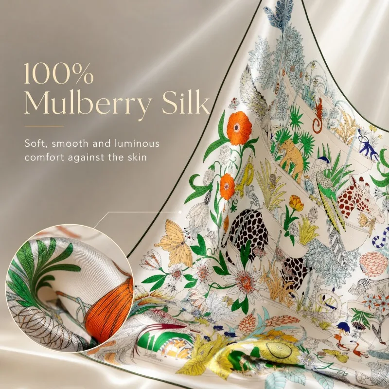 Luxury 100% Pure Mulberry Silk Square Scarf 90X90cm Vintage Natural History Zoo Floral Print Neck Wrap Shoulder Shawl Bag Decor
