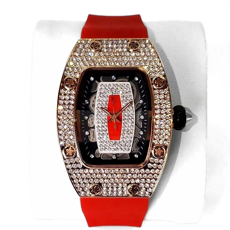 

New Tonneau Fashion Rose Iced Diamond Jewelry Watch Women Casual Silicone Strap Quartz Wristwatches 2026 Hot Selling Girl's Gift