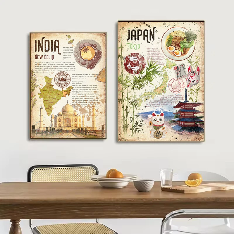 مجردة العالم الكلاسيكية الغذاء خريطة السفر الهندي والمكسيك واليابانية الغذاء المشارك حائط لوح رسم الفن صور ديكور المطبخ المنزل