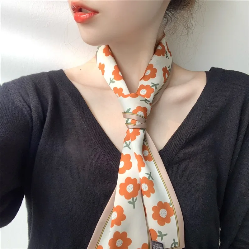 French Spring and Summer Scarf Internet Celebrity Flower Small Silk Scarf Women's Long Versatile Scarf Spring & Fall Thin Ribbon