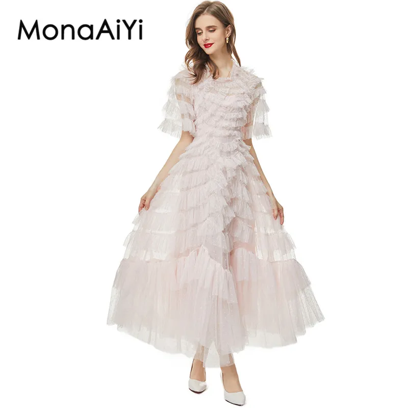 

MonaAiYi New Fashion Runway Designer Women's Summer Short Sleeved Layered Ruffle Edge Pink Retro Elegant Slim Fit Dress