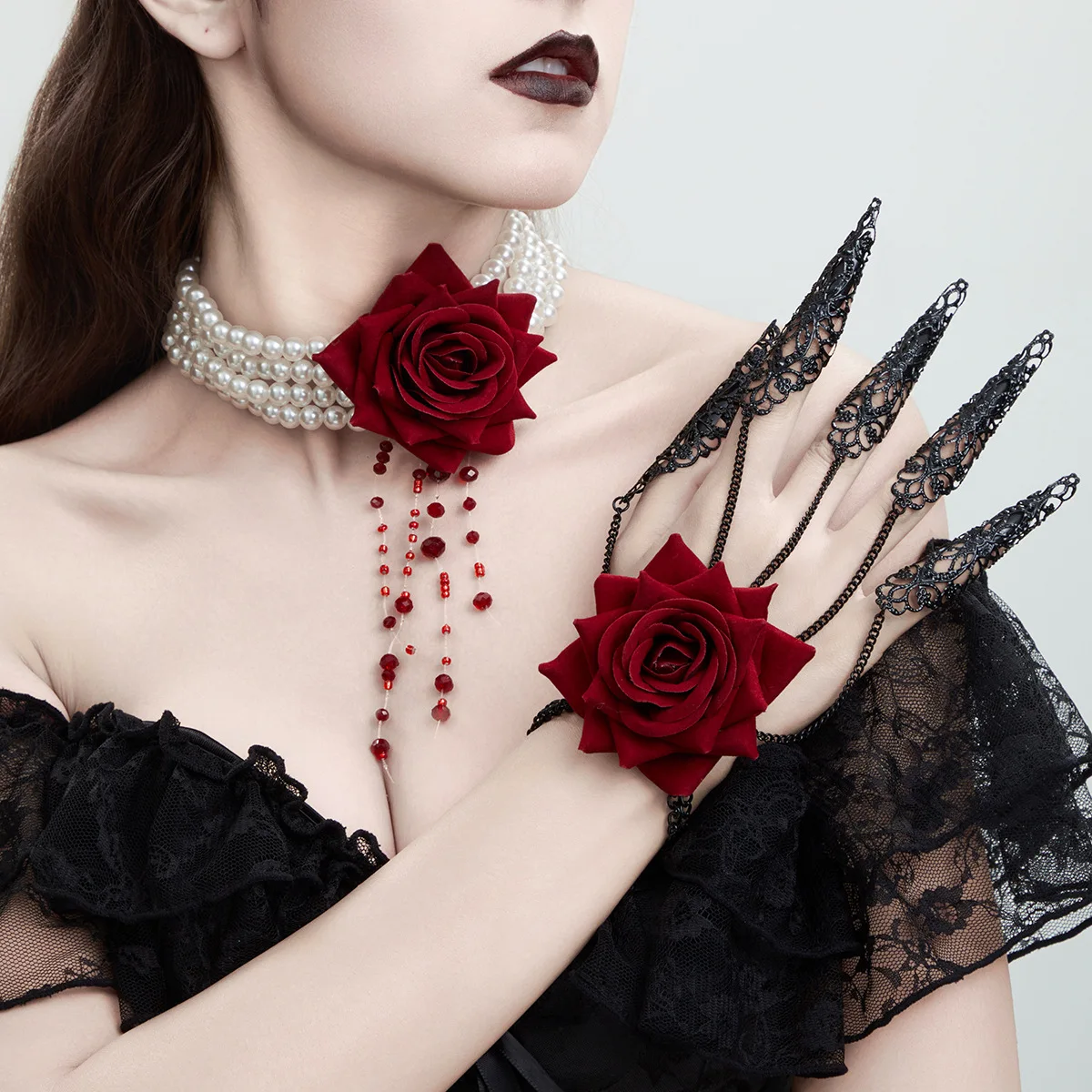 Layered Faux Pearl Choker Necklace for Women Halloween Dark Ruby Tassel Rose Blossom Pendant Black Alloy Lightweight Durable