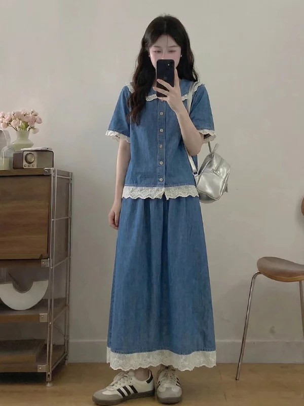 

Large Size Women's Spring Summer Fashionable Denim Shirt Skirt Set Sweet And Salty Style High Waist Long Skirt Short Sleeve