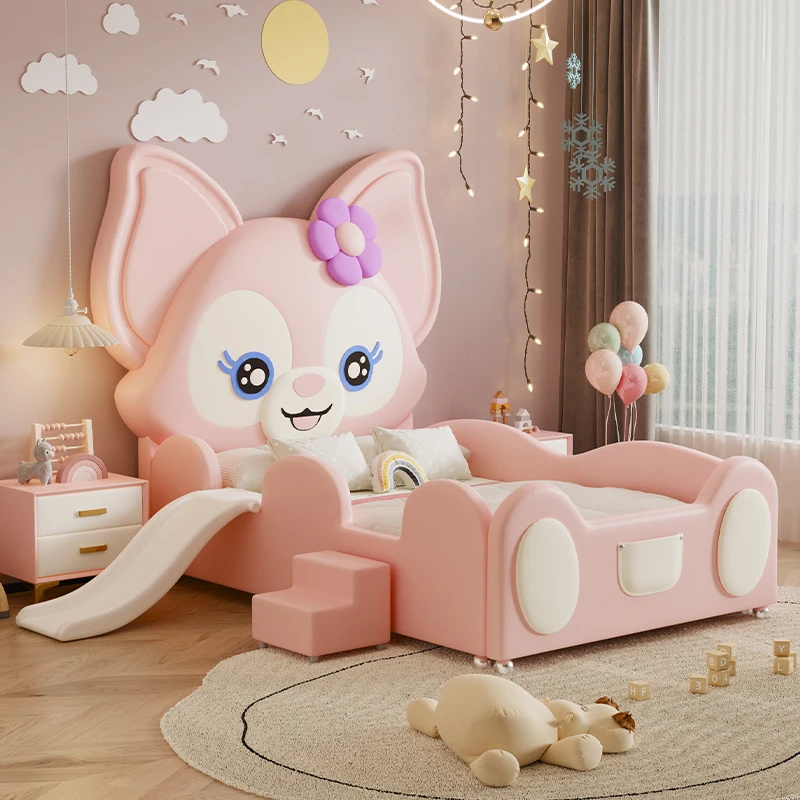 !@Home Children's Bed Single Pink My Melody Princess Bed Guardrail for Girls Small Household Wood Art Picture