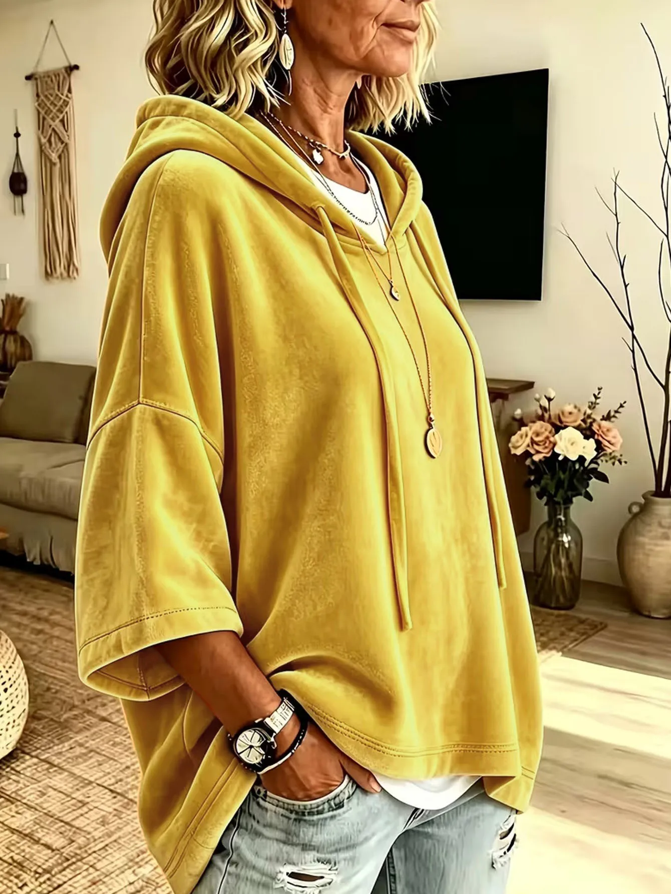 Neuer Herbst-Winter Damen Einfarbiger Samt-Hoodie mit 3/4-Ärmeln Lässige Oberteile – Detail 9